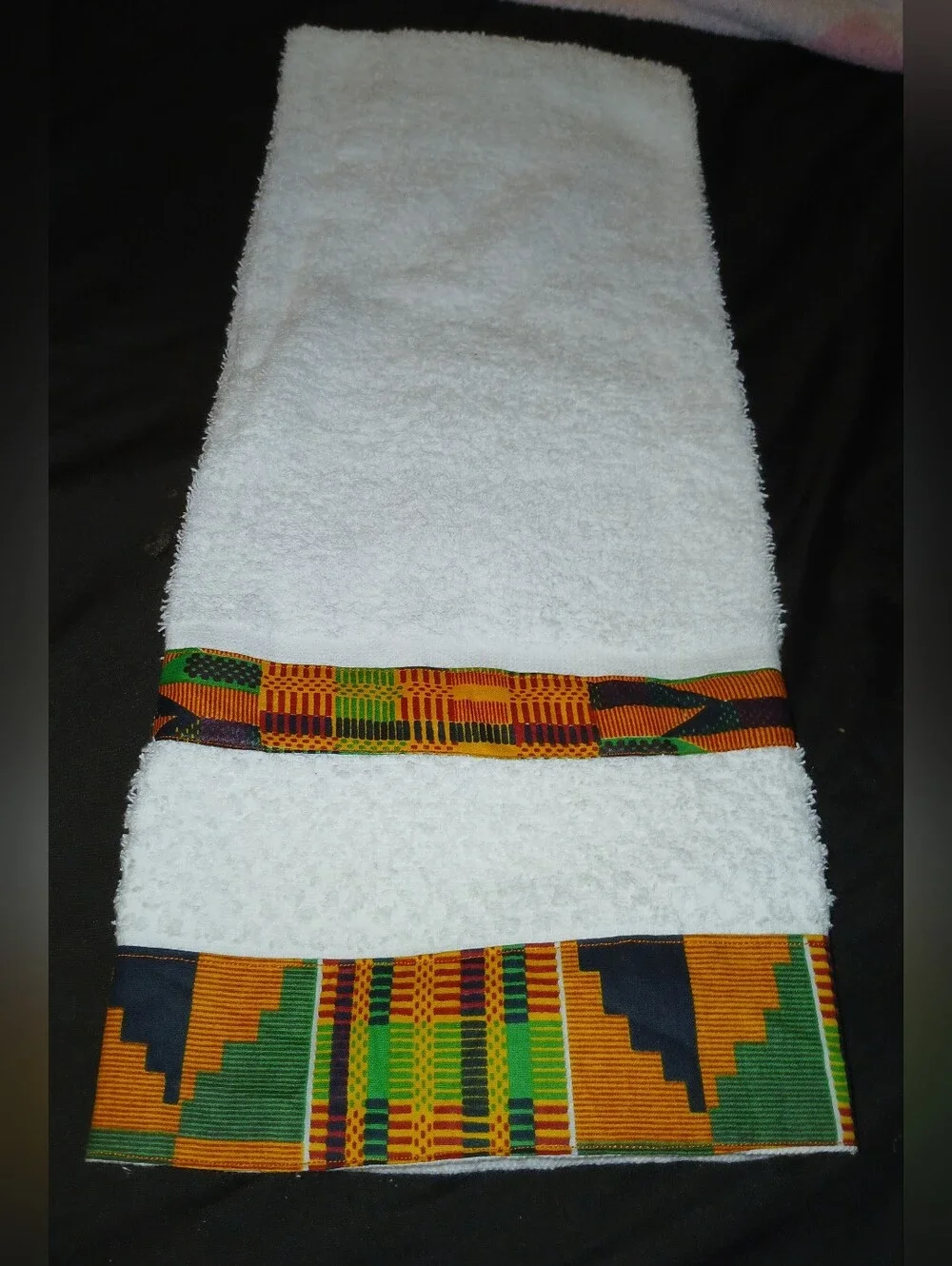 NWT Handcrafted White Bath Towel Set with Kente Trim.